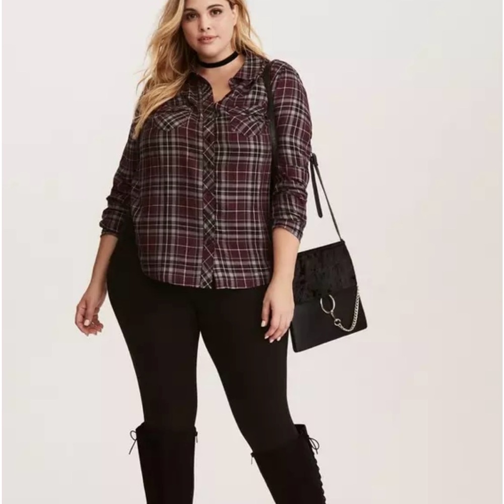 Torrid Purple, grey and Black Plaid Shirt